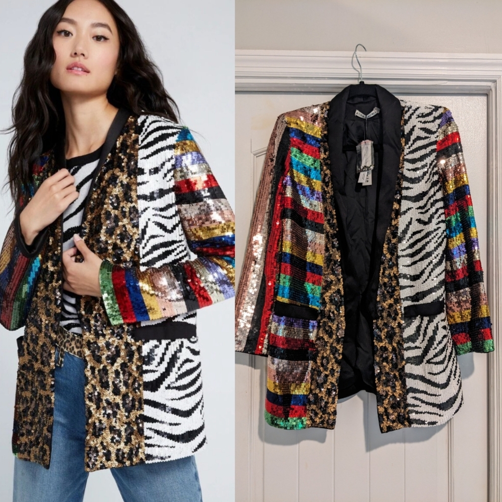 Alice + Olivia Kylie Sequin Patchwork Jacket Sx Xs - image 1